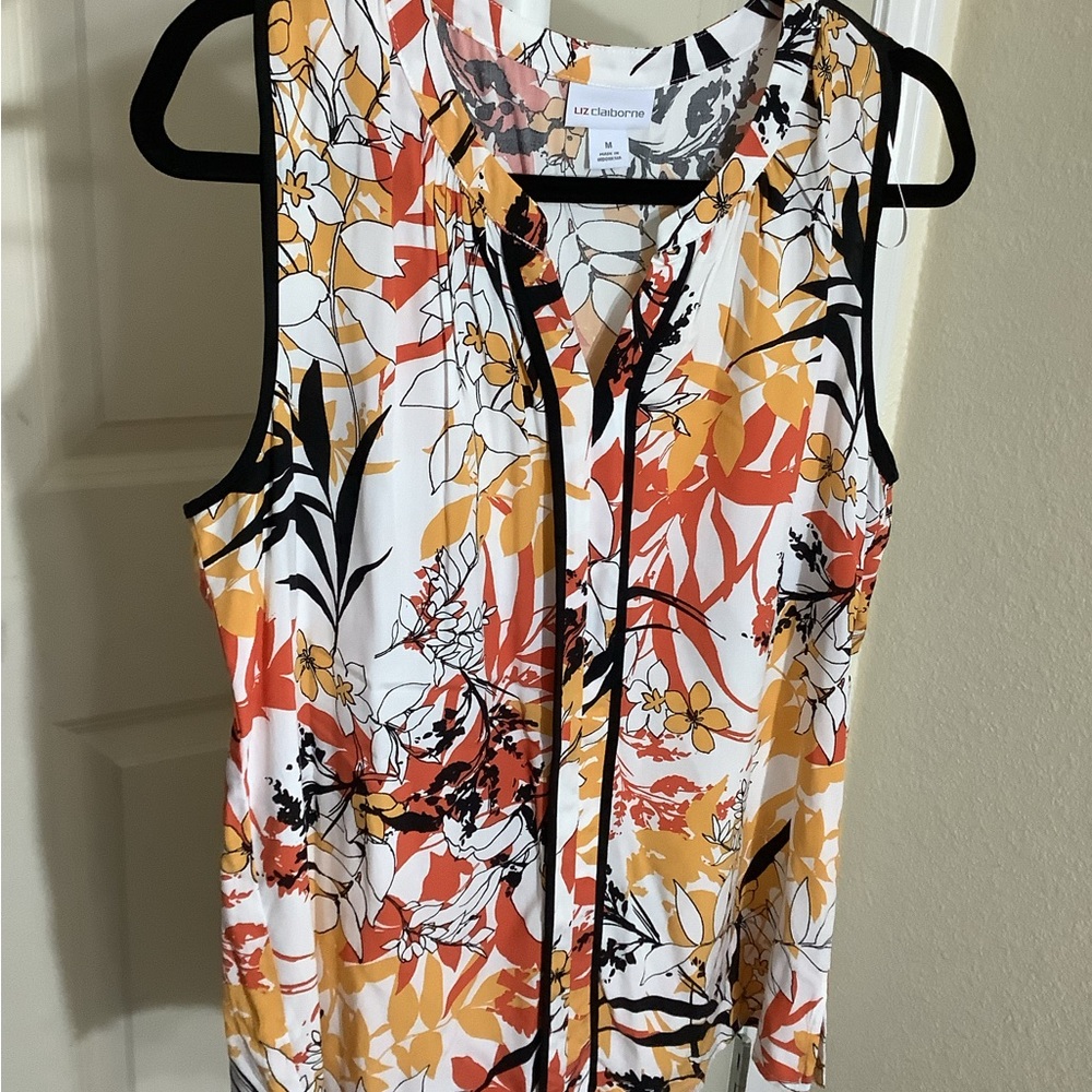 Liz Claiborne Women's Sleeveless Floral Blouse - Orange, Black, White